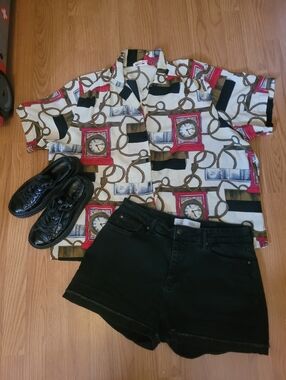 Alia Women's 2X Button Down - Nautical Rope & Clock Print, Artsy, Whimsical